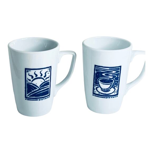 VTG Sunrise Sunset COFFEE CUPS Set 2 Caffe Porcelain Poland Blue White Dietrich - Picture 1 of 7